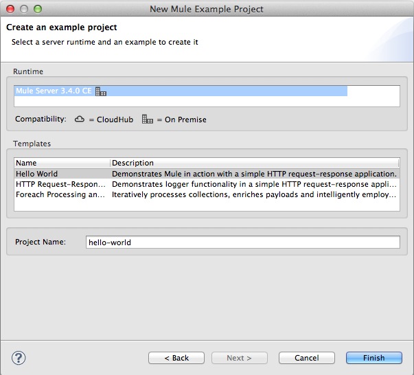 Selecting Mule Hello World examlple projhect template