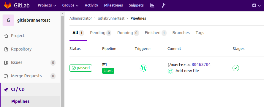GitLab Runner test project CI/CD pipeline having finished running.